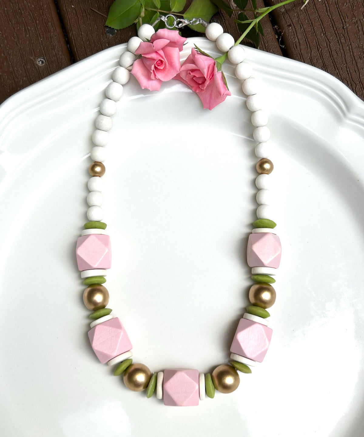 Wood Beaded Statement Necklace: Chunky Preppy Style, Handmade