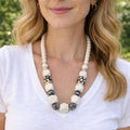 Chunky Wooden Bead Statement Necklace: Black and White Geometric Design