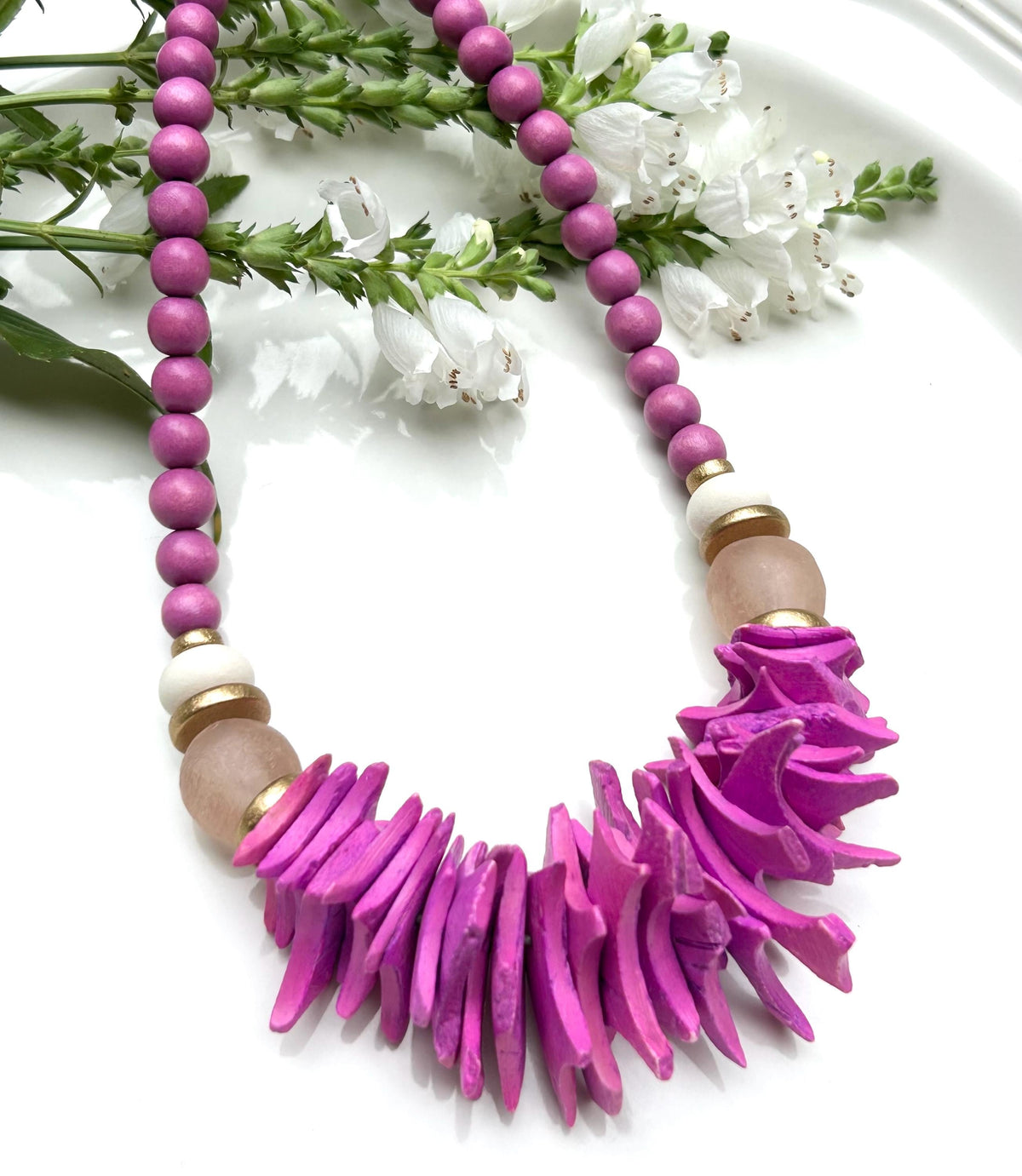 Magenta Wood Beaded Statement Necklace: Chunky Preppy Jewelry
