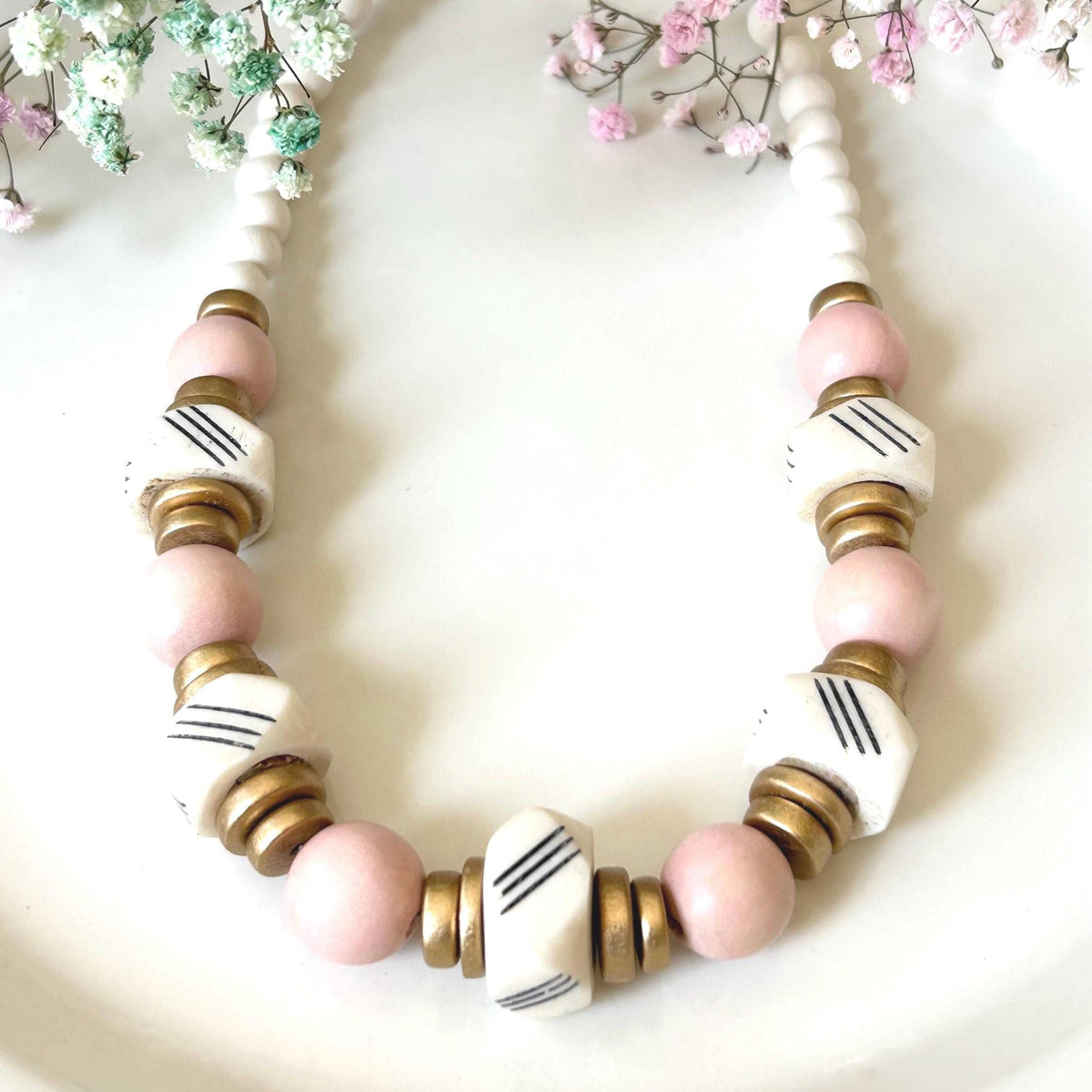 Pink Wooden Bead Statement Necklace: Bone Cube Accent, Valentines Gift