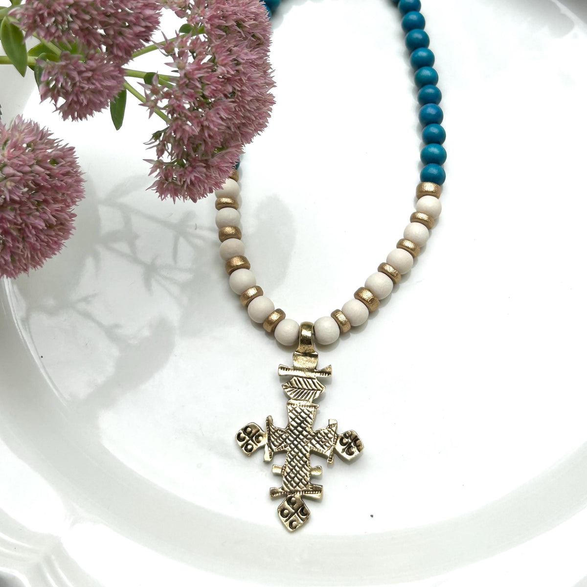 Golden Cross Pendant Necklace: Chunky Blue & White Wooden Beads
