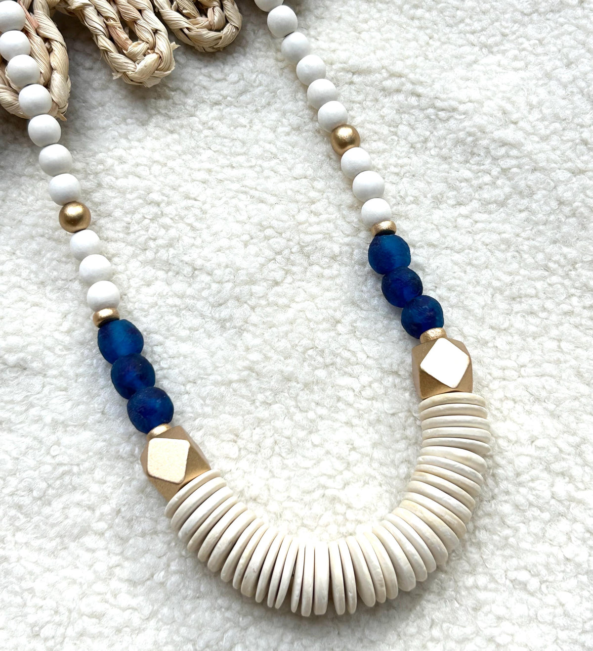 Long Chunky Wooden Bead Statement Necklace White & Blue Colors Game Day Jewelry