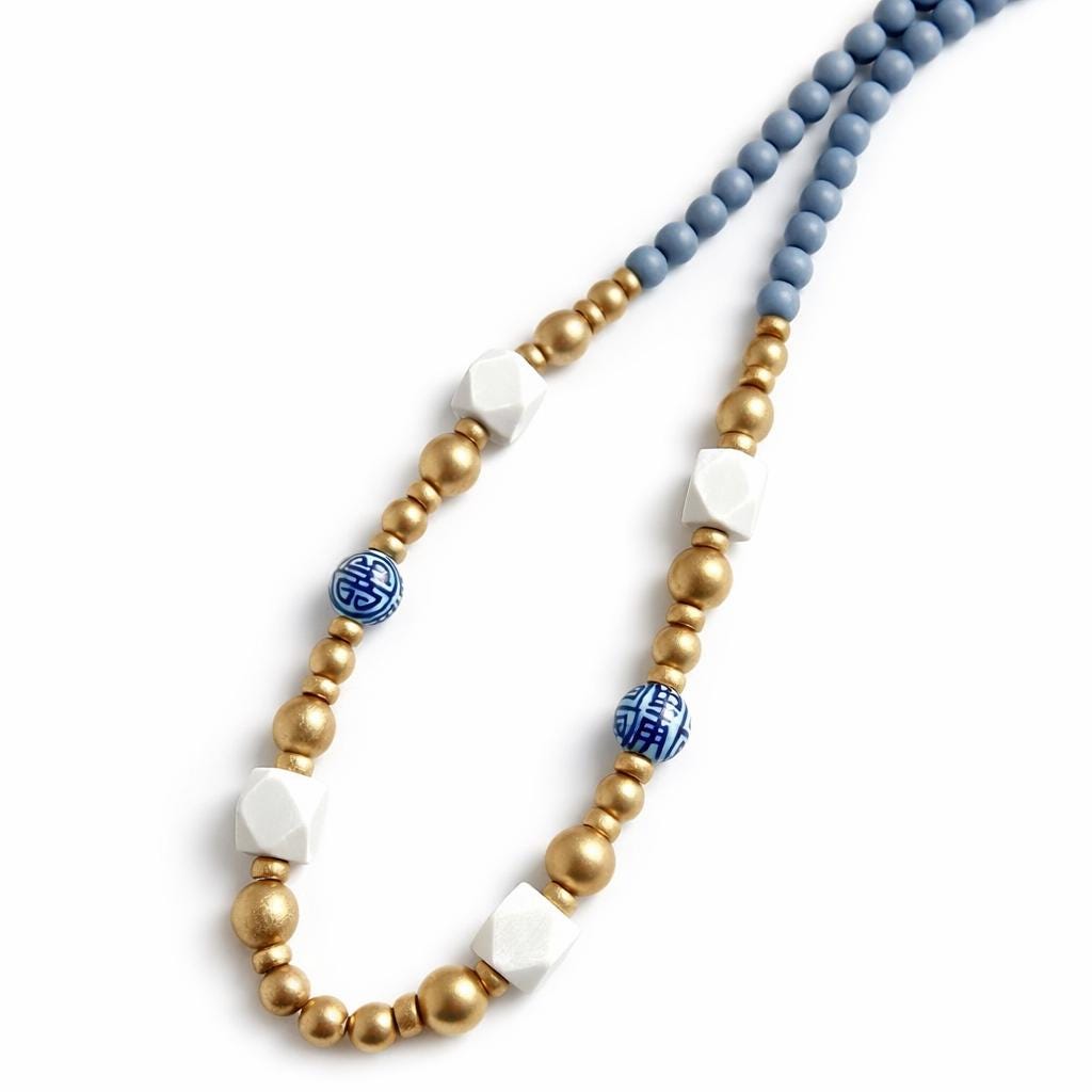 Long Wooden Beaded Necklace with Chinoiserie Porcelain Bead, Easter gift