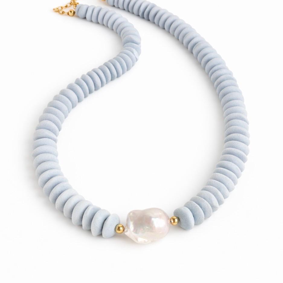 Blue Beaded Statement Necklace: Ashanti Beads, Baroque Pearl Pendant, Easter Gift