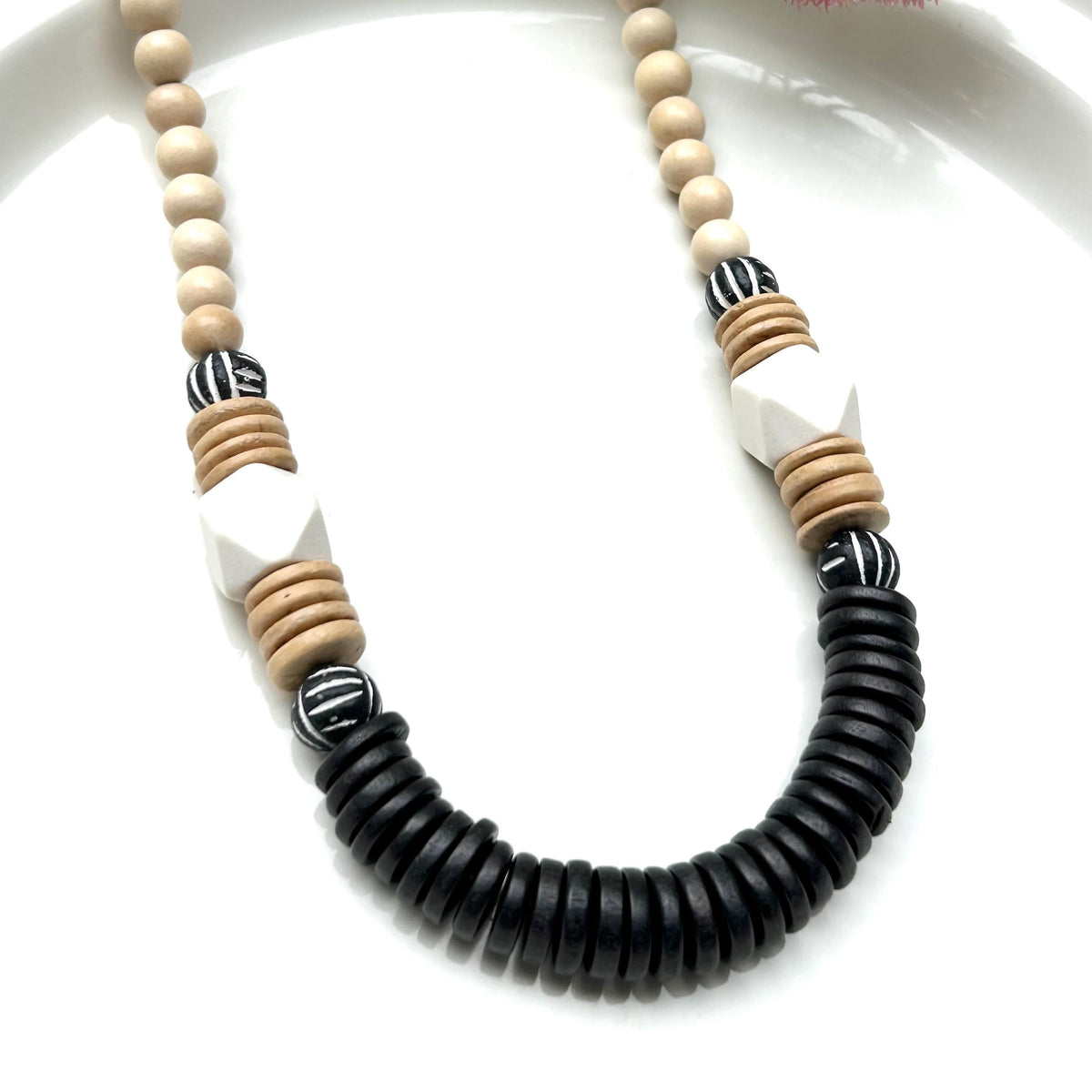 Black and White Chunky Wooden and Bone Bead Statement Necklace Geometric Design