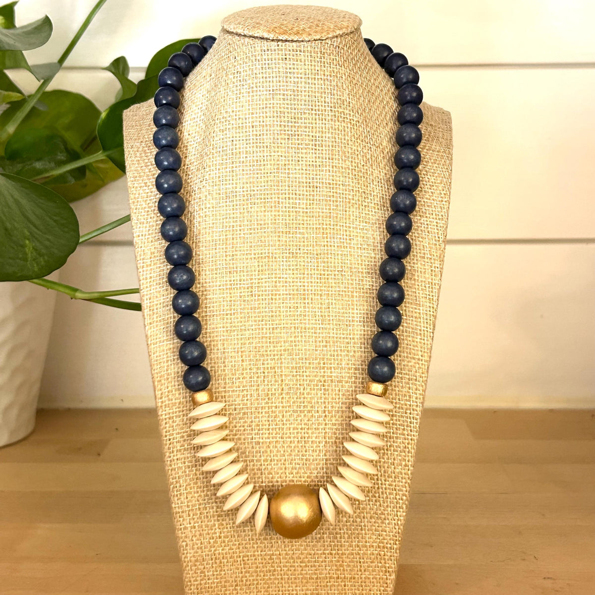 Blue and white Statement necklace beaded jewelry wooden bead lightweight game day jewelry