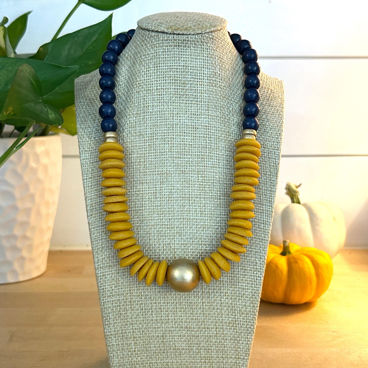 Chunky Wooden Bead Statement Necklace Orange & Blue Colors Game Day Jewelry