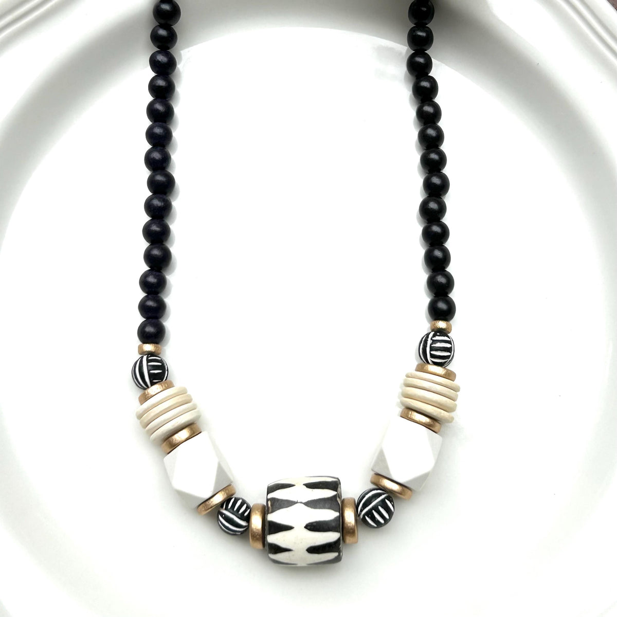 Fall Chunky Wooden and Bone Bead Statement Necklace Black & White Geometric Design