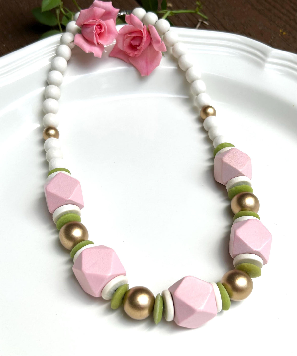 Wood Beaded Statement Necklace: Chunky Preppy Style, Handmade