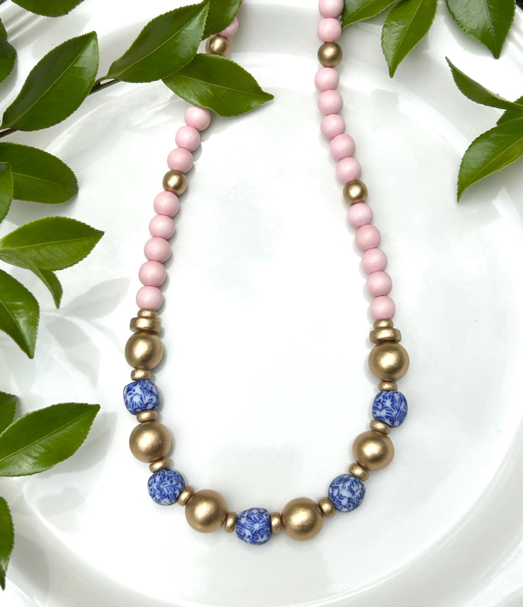 Handmade Beaded Statement Necklace: Pink, Gold, and Chinoiserie Beads