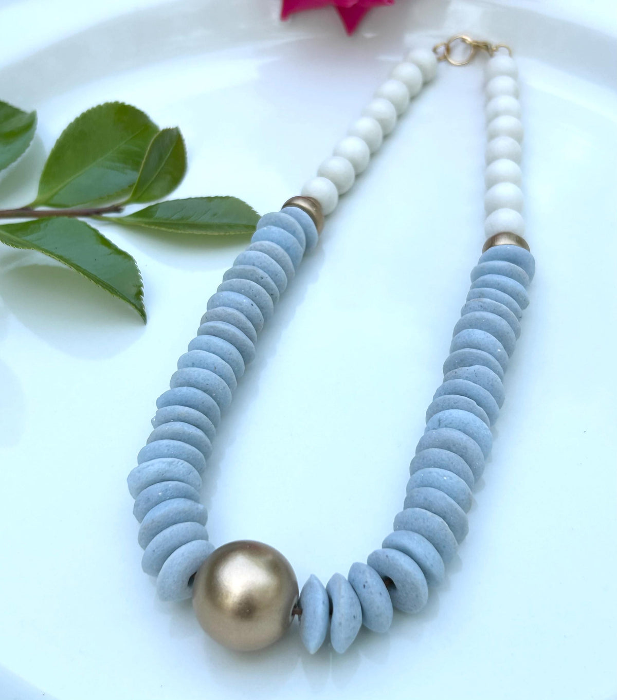 Light Blue & White Wooden Beaded Statement Necklace with Gold Accent UNC Ashanti Glass Beads