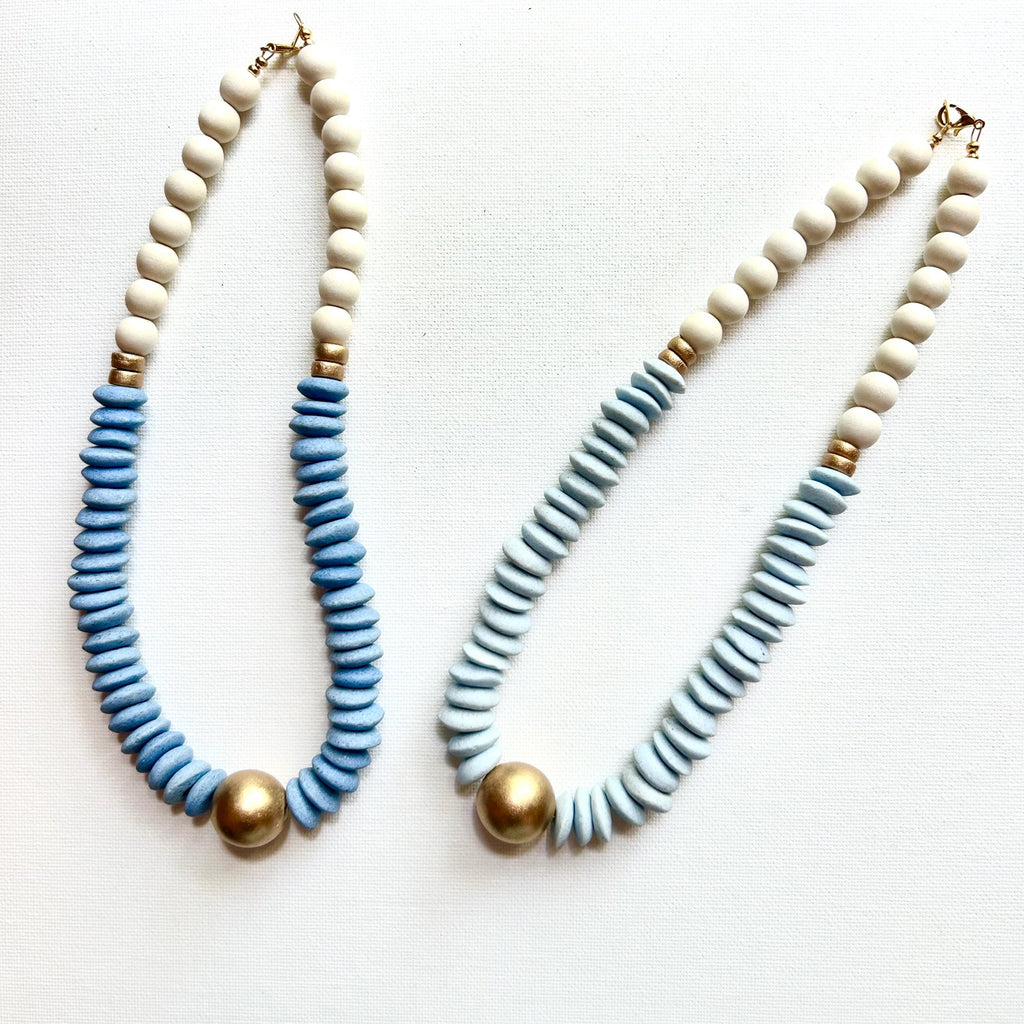 Carolina Blue Statement Necklace, Ashanti Glass, Wooden Beads, Gameday Jewelry