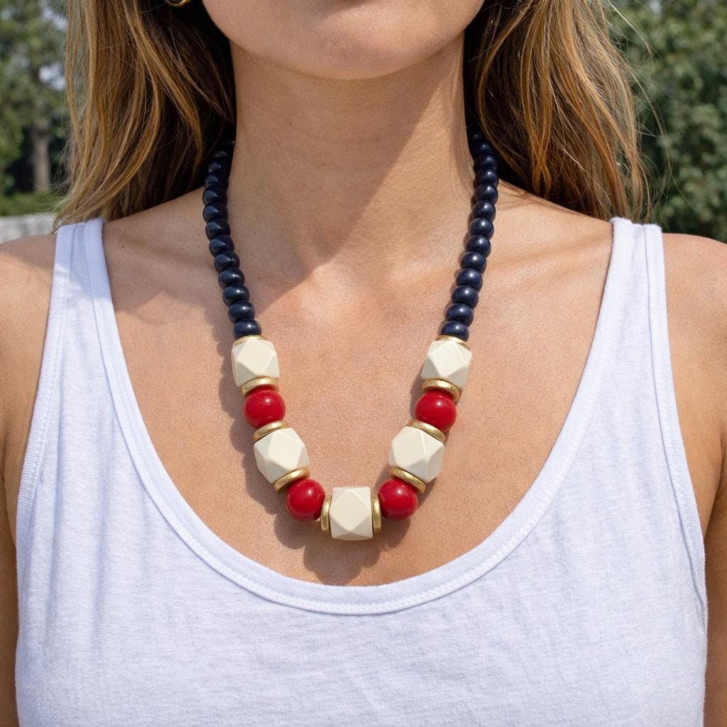 Red Black and White Wooden Beaded Statement Necklace: Game Day Jewelry