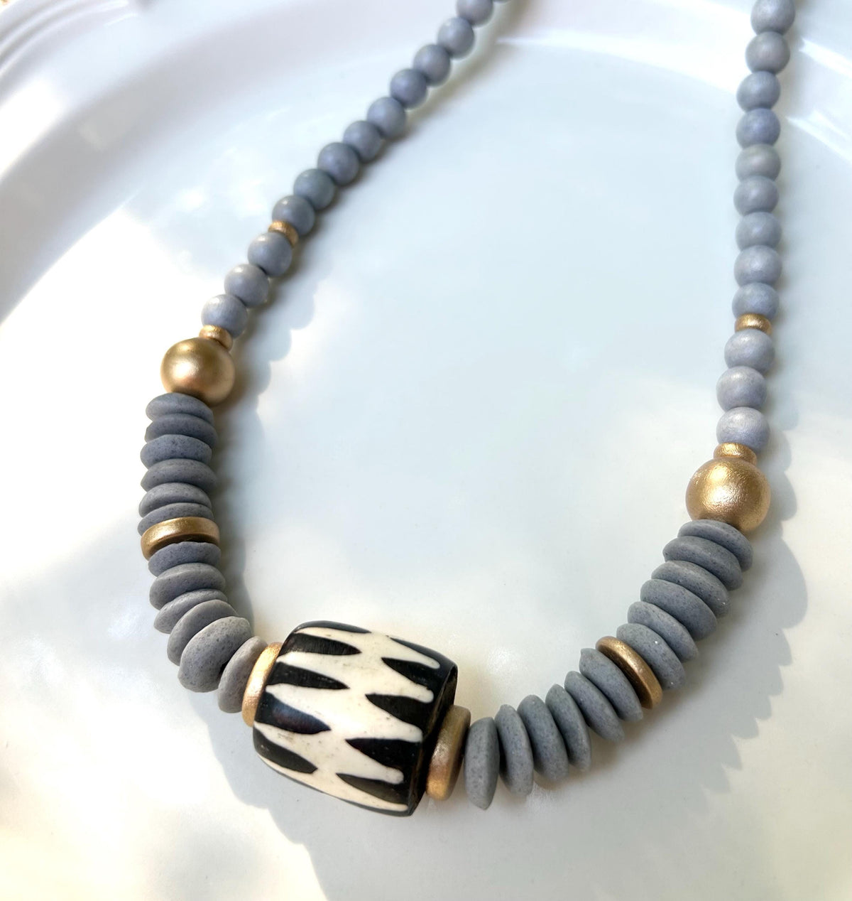 Handmade Wooden Bead Necklace: Ashanti Glass Bead, Bone Pendant