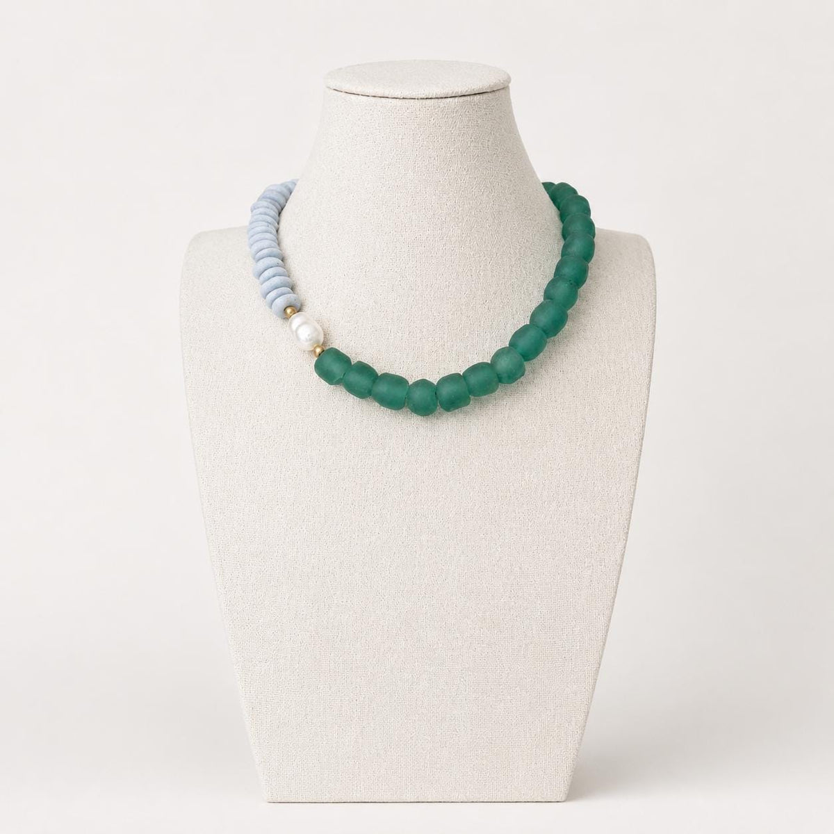 Glass Beaded Statement Necklace: Ashanti Glass Beads, Baroque Pearl Accent, UNC game day jewelry