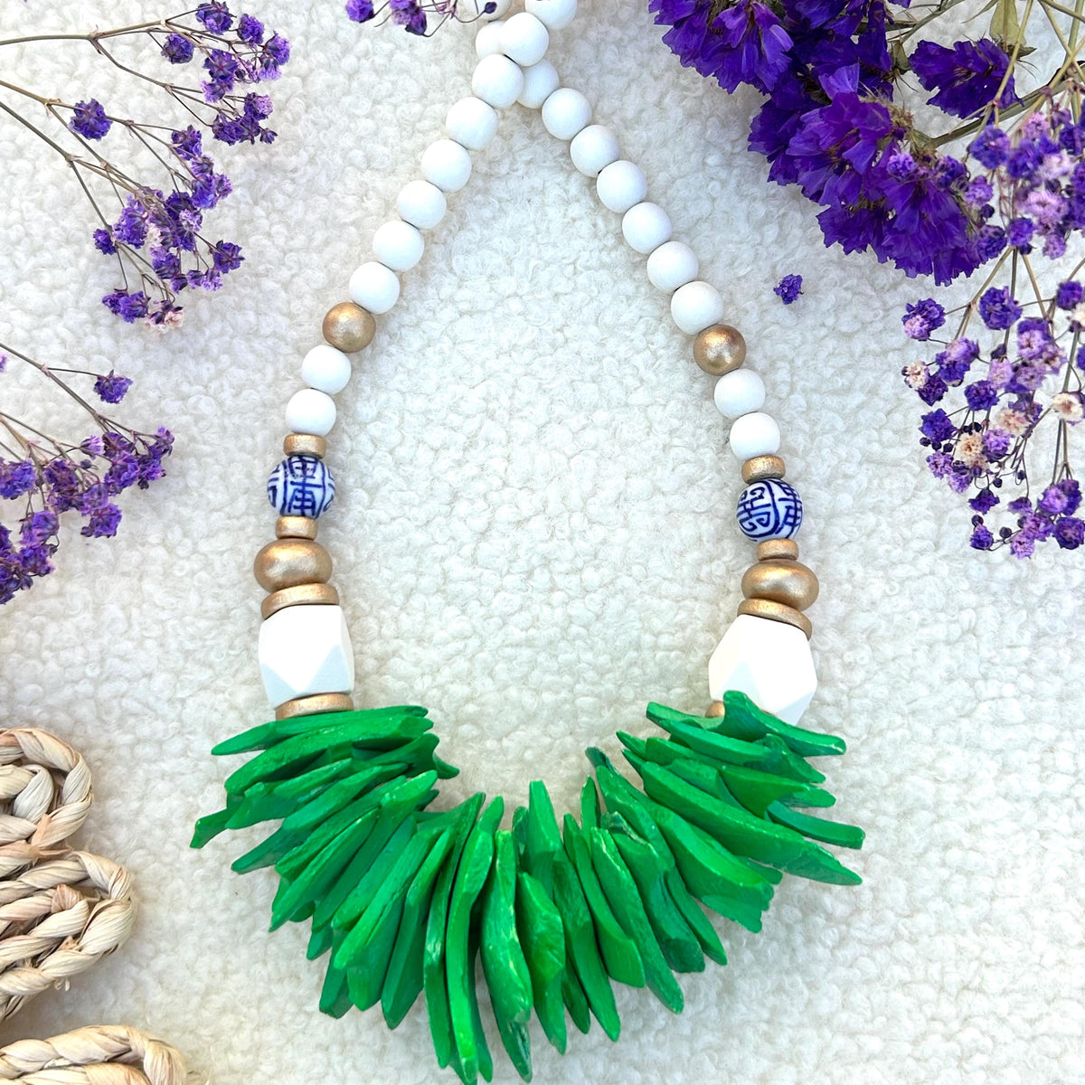 Green Wood Beaded Statement Necklace: Chunky Preppy Jewelry Chinoiserie Beads