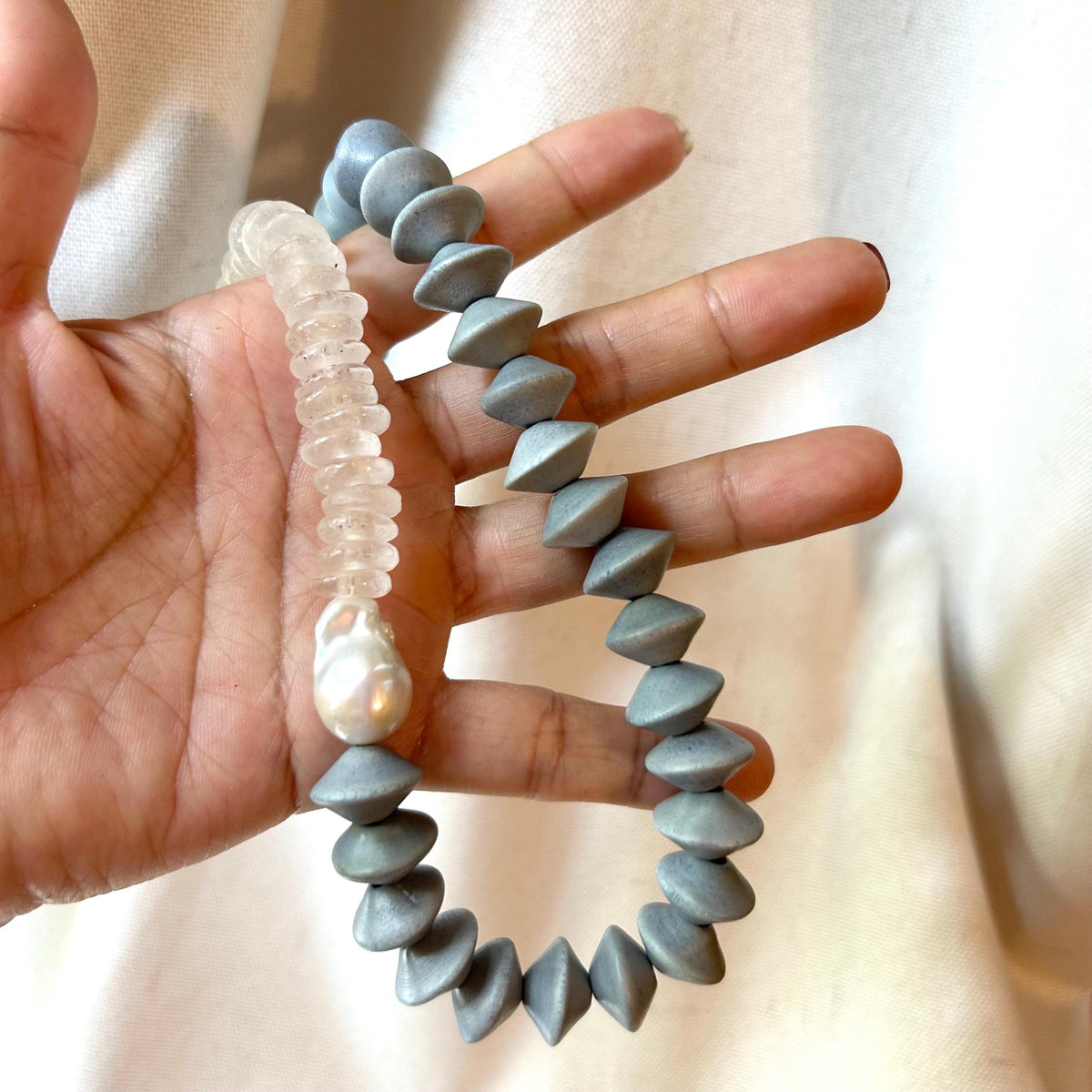 Grey Glass Beaded Statement Necklace: Glass Beads, Baroque Pearl Accent